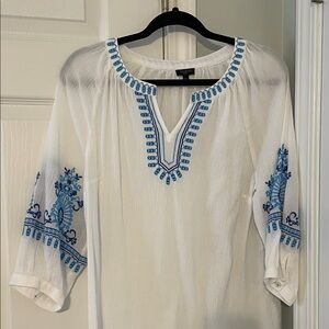 Talbots White Blouse with Blue Embroidery